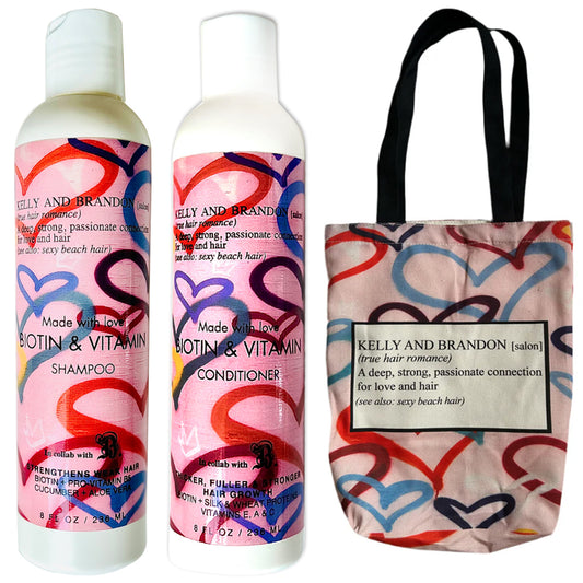 Kelly And Brandon Biotin Shampoo & Conditioner Set For Hair Growth W Free Love & Hearts Canvas Tote